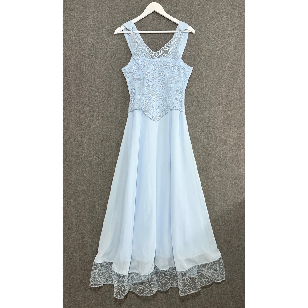 Vintage 90s Womens M Light Blue Soutache Embroidered Maxi Gown Coquette Romantic